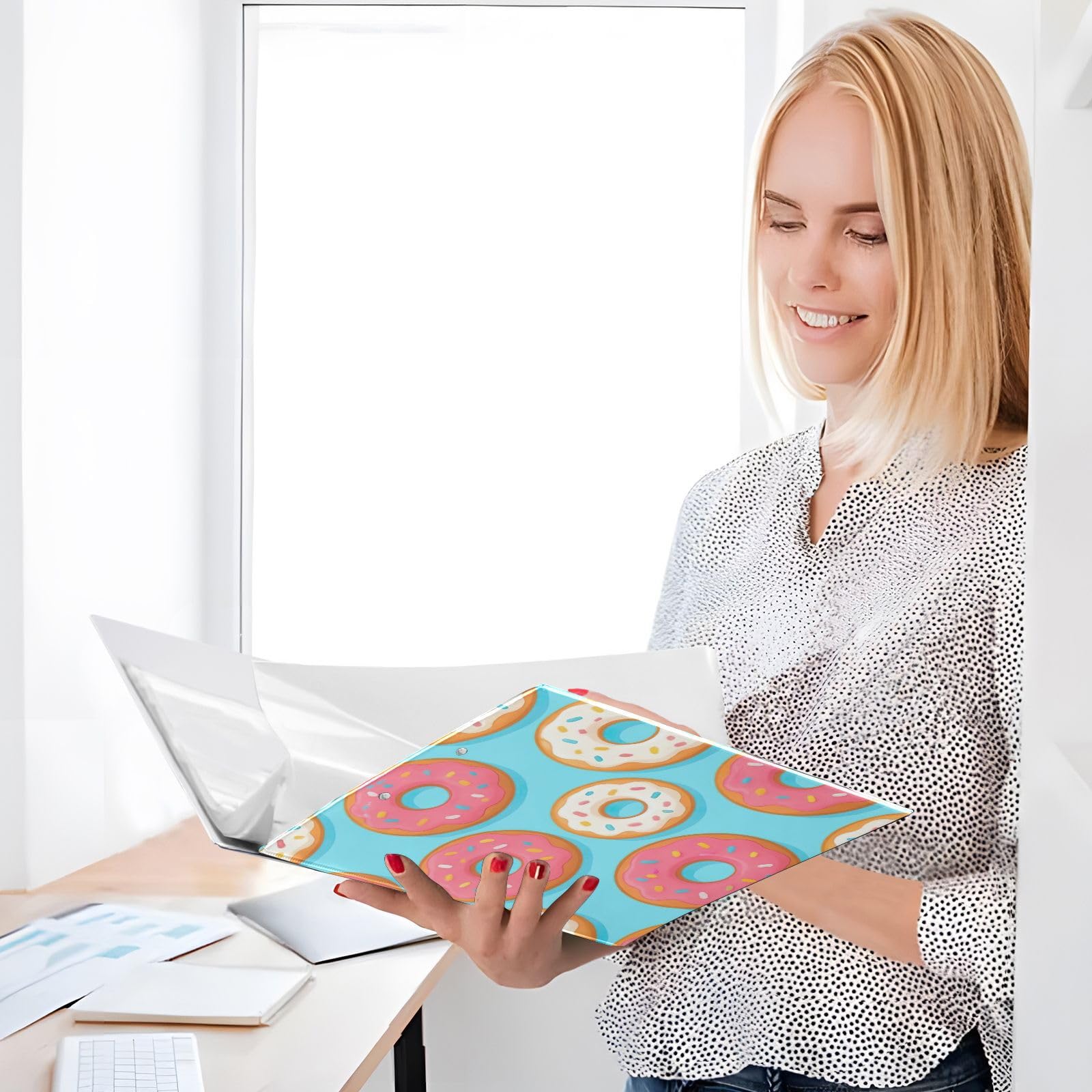 Carpeta de tres anillos con diseño de donas coloridas, color rosa, blanco y azul, carpeta de anillos en D, paquete de 2 | Con portapapeles y bolsillos, para escuela, universidad, oficina