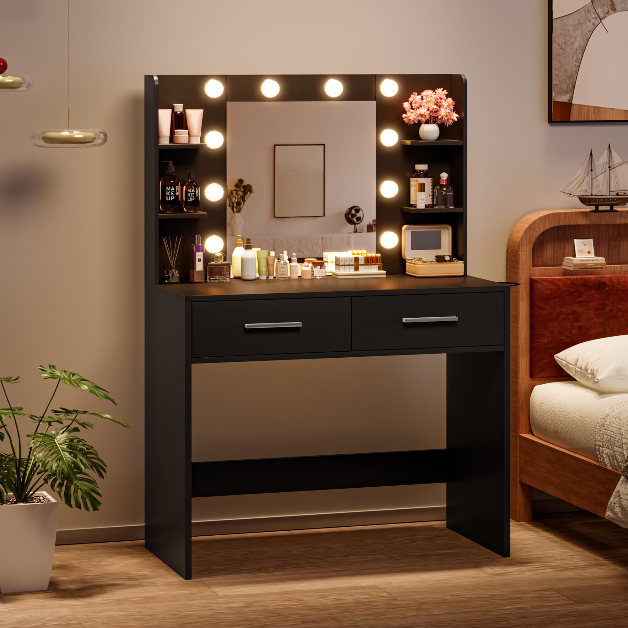 YESHOMY Vanity Desk with Mirror, Makeup Table, Dark Black