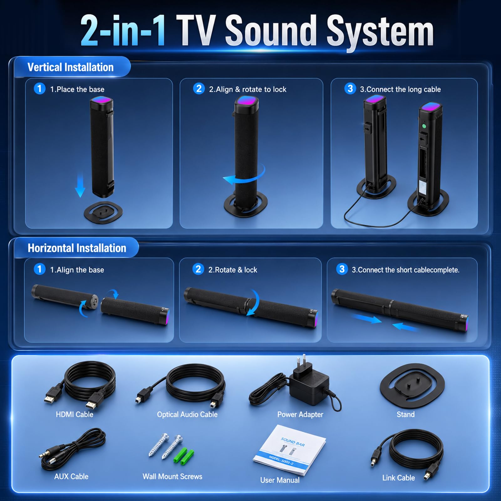 Soundbar für TV Geräte, 240 W Teilbare 2-in-1 Soundbar für TV (2.2CH) mit RGB Beleuchtung & 3 EQ Modi, Bass einstellbar, Bluetooth 5.3, inkl. ARC, Optisch, Aux USB für Fernseher, Monitor, Gaming