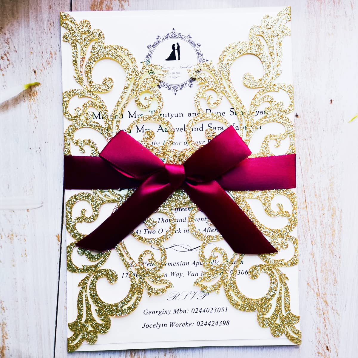 Tarjetas de invitaciones de boda de champán de 5x7.3 pulgadas con lazo cortadas a láser 8