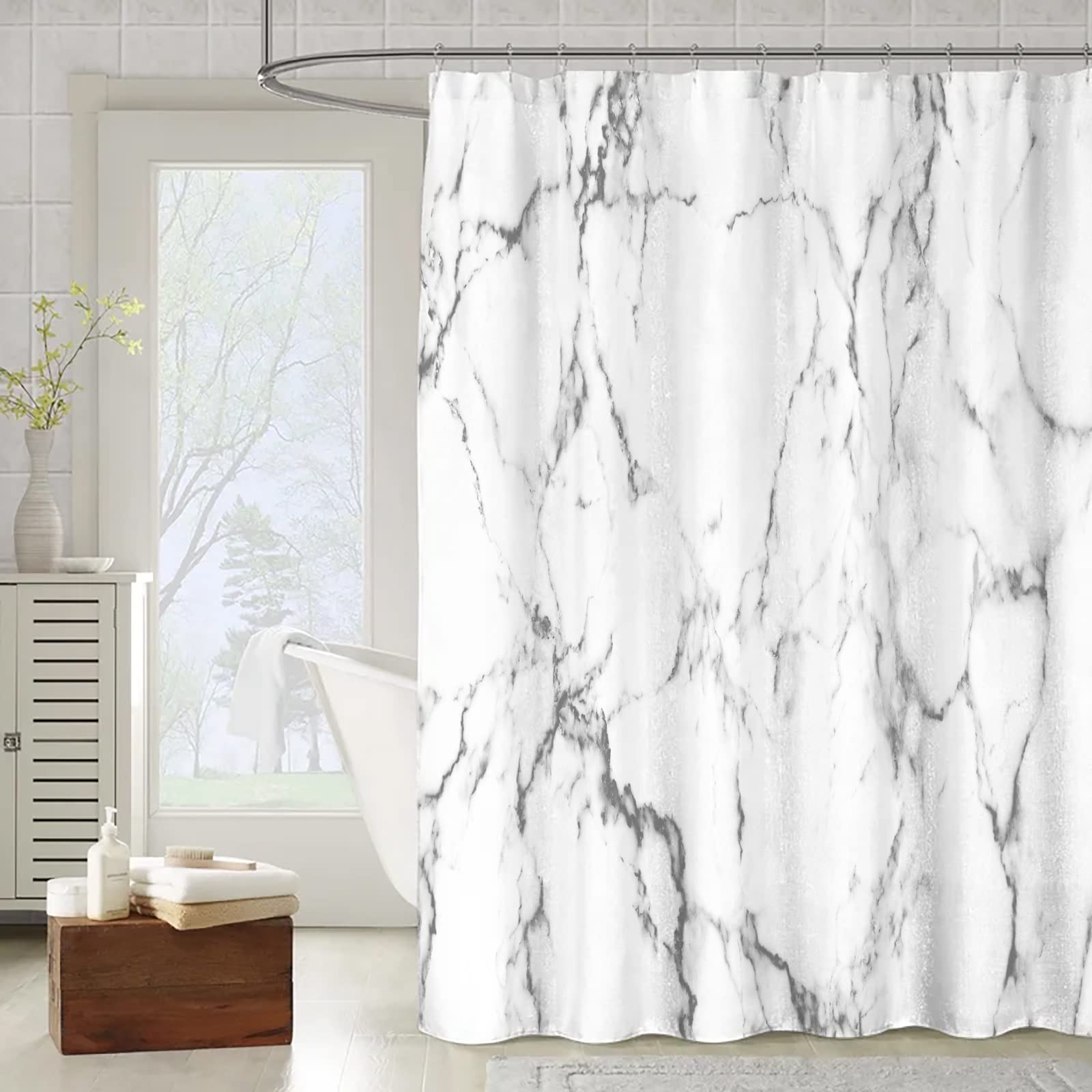 OCEUMACO Shower Curtain Bathroom Wet Room 3D Marble Pattern Extra Long Quality Bath Curtains Anti Mould Proof Resistant Machine Washable 180 x 200 cm Waterproof Fabric with Hooks - Grey 07