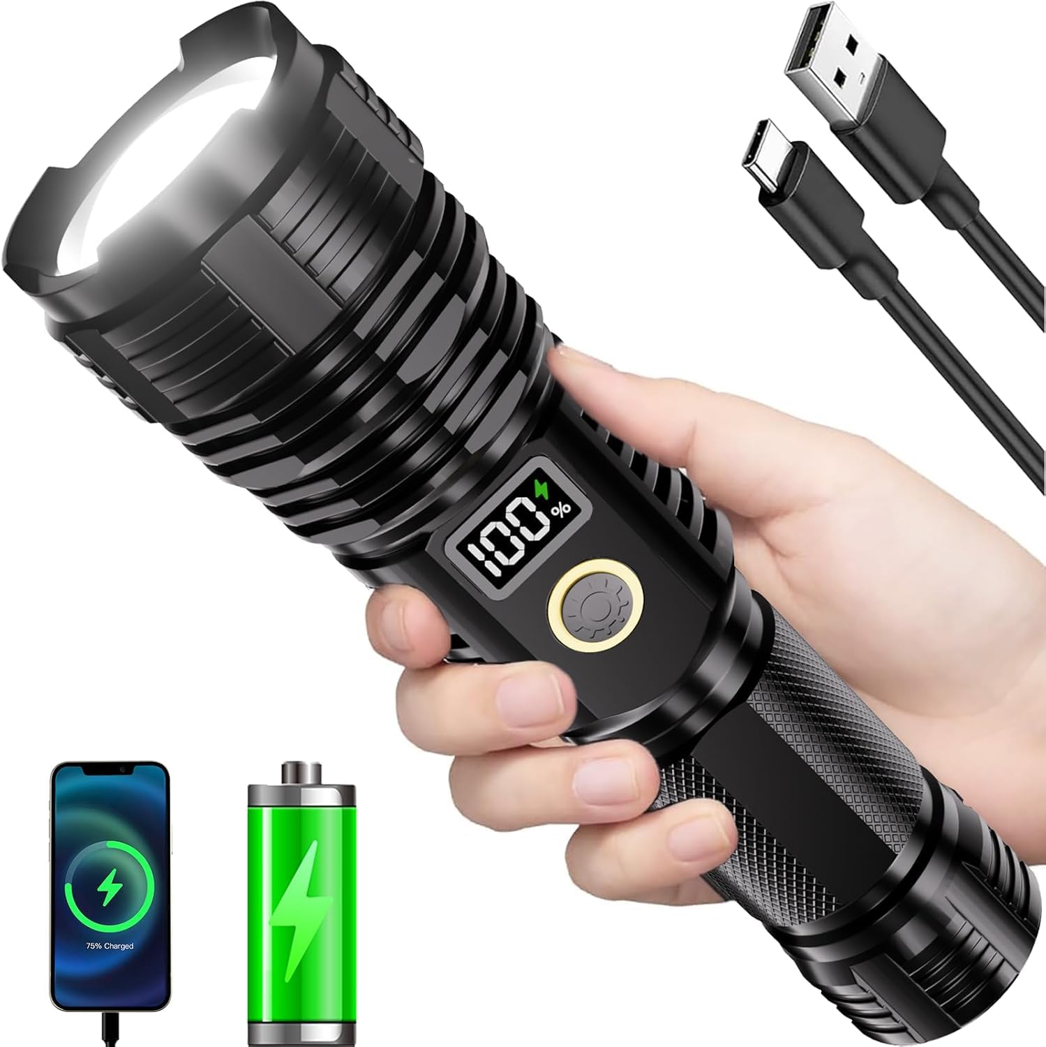 Deoxys High Lumens Rechargeable Flashlight - 25000 Lumens LED, Bright Tactical with Zoom, 5 Modes, IPX7 Waterproof, Handheld for Emergencies, Camping-image-10