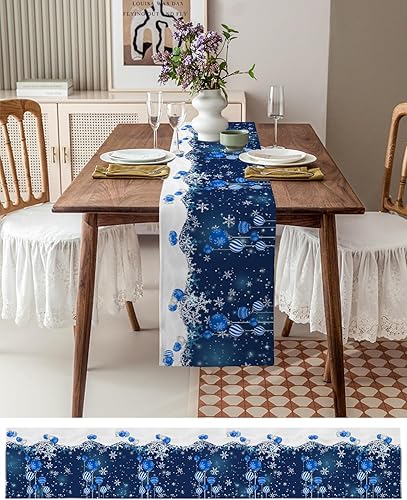 Miniatura 3 de Camino de mesa de lino y algodón de Feliz Navidad, bola de Navidad azul, árbol de Navidad, copos de nieve, caminos de mesa de Navidad para mesa de