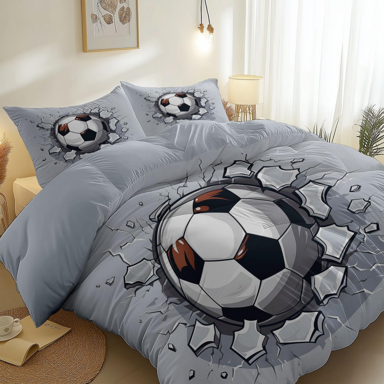 Bettwäsche 220 x 240 cm, Wende Bettbezug Set für Kinder Jungen Mädchen, Schwarz Weiß Bequem Atmungsaktiv Einfache Pflege Cartoon Fußball Crack Grunge Sport Bettwäsche Set