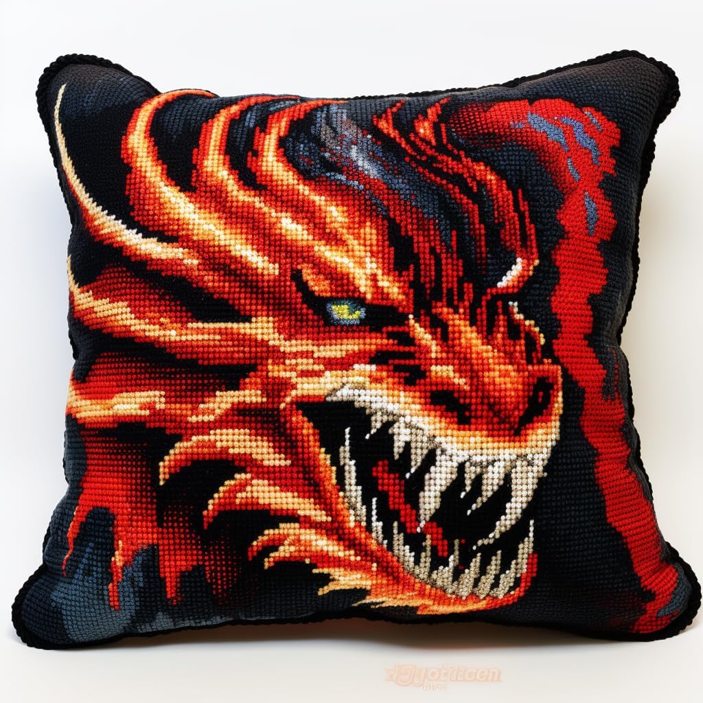 Red Dragon Latch Hook Pillow Kit for Adults Throw Pillow Cover with Printed Canvas Hook Crochet Yarn Needle Craft Easy Handmade Cushion for Home Sofa Decoration 43x43cm