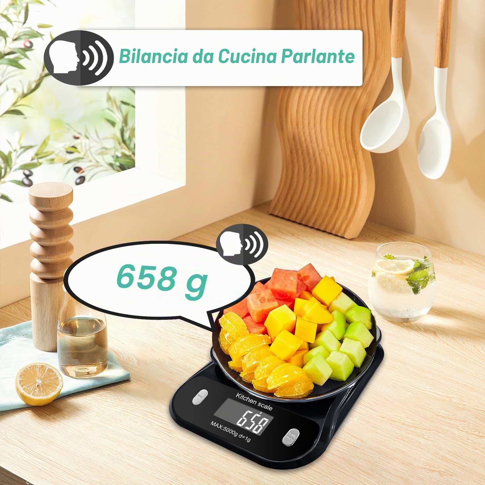 Talking - Bilancia da cucina digitale parlante, bilancia da cucina elettronica parlante, bilancia parlante per alimenti con ampio display LCD, bilancia per alimenti con piattaforma a disco in acciaio