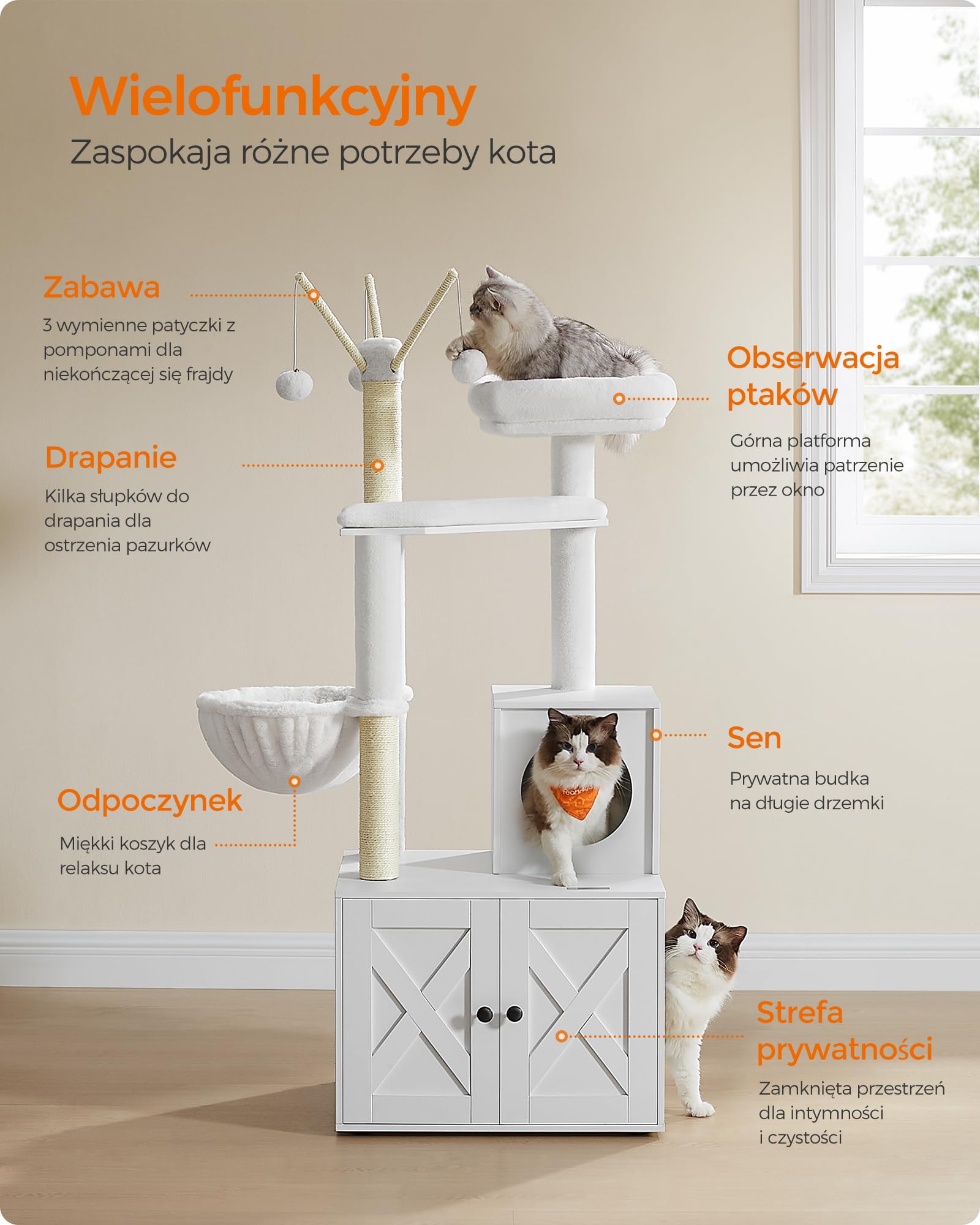 Feandrea Drzewko dla kota z szafką na kuwetę, 151 cm wysokości, 2 w 1, szafka na kuwetę, z słupkami sizalowymi, wyjmowane pluszowe piłki, chmura biała PCT113W01