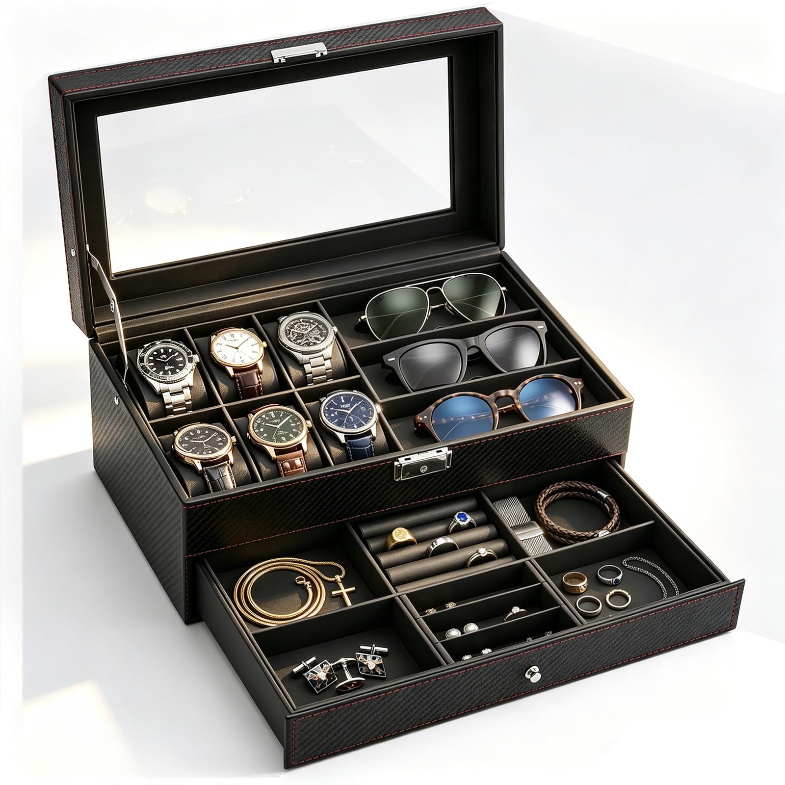 Custodia per orologi in pelle PU, Scatola portagioie 2 livelli premium con coperchio in vetro, Organizzatore gioielli per 6 orologi e occhiali da sole, Astuccio portagioie per anelli e bracciali