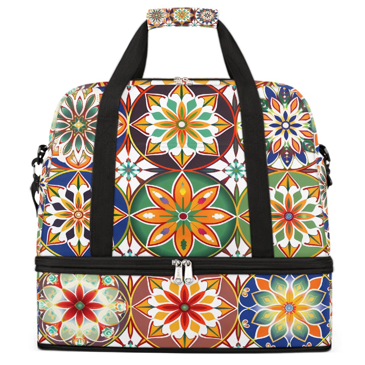 Borsone da viaggio pieghevole con mandala geometrico colorato, borsa da palestra espandibile con scomparto per scarpe, borsa da weekend di grande capacità, borsa da viaggio per sport, viaggi notturni