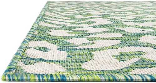 Miniatura 5 de Rugs.com Outdoor Safari Collection Alfombra  5 pies 3 pulgadas x 7 pies 10 pulgadas alfombra de tejido plano azul verde perfecto para dormitorios,