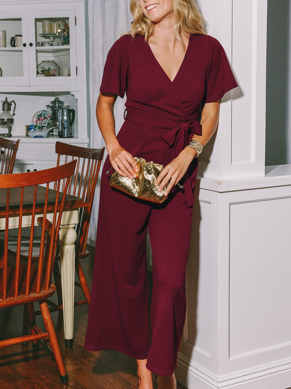 CUPSHE Damen Elegant Jumpsuit Wrap Kurzarm Weites Bein Overall mit Gürtel | Fließender Stoff, Taillierter Schnitt, Einfarbige Optik, Bodenlange Form, Locker Fallend, Alltag & Party Geeignet