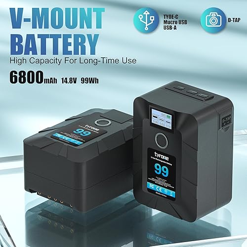 Miniatura 3 de tyrone Batería de montaje en V, Power 99 Mini V Lock Baterías 99Wh 6800mAh 14.4V con Tipo-C, D-tap, USB A, Micro USB, para Sony Canon Cámara BMPCC