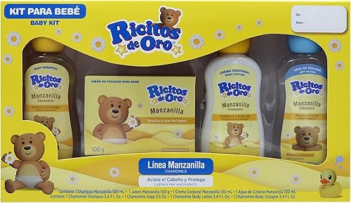 Ricitos de Oro Kit para bebés, Manzanilla, Productos Hipoalergénicos, Champú de manzanilla, jabón en barra, loción corporal, Colonia corporal, 4