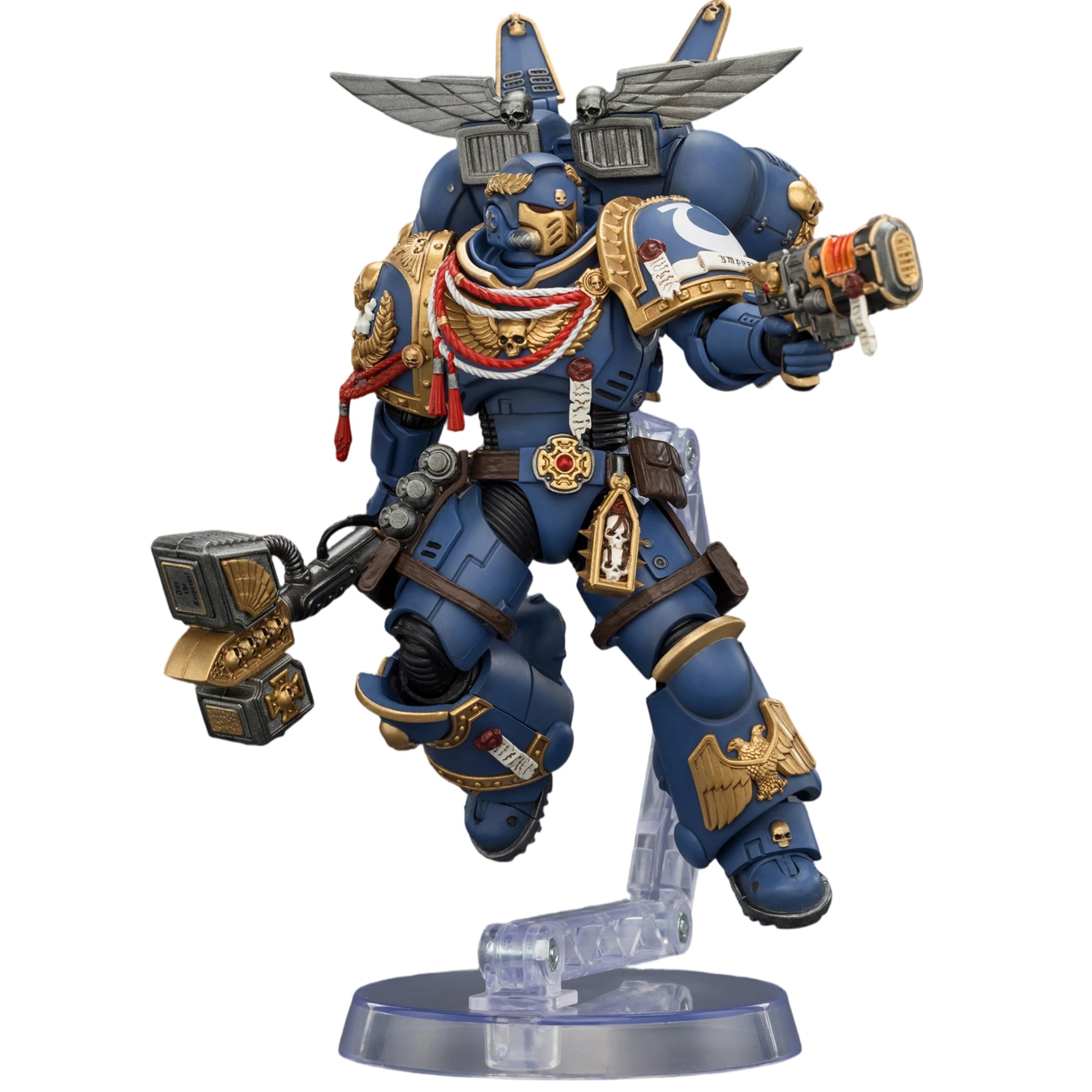 JOYTOY Ultramarines Warhammer 40K 1/18 figurki akcji edycja gier ultramaryny szturmowy intercessor z pakietem skokowym, młotem piorunowym i pistoletem neo-volkite, 10 cm, model kolekcjonerski