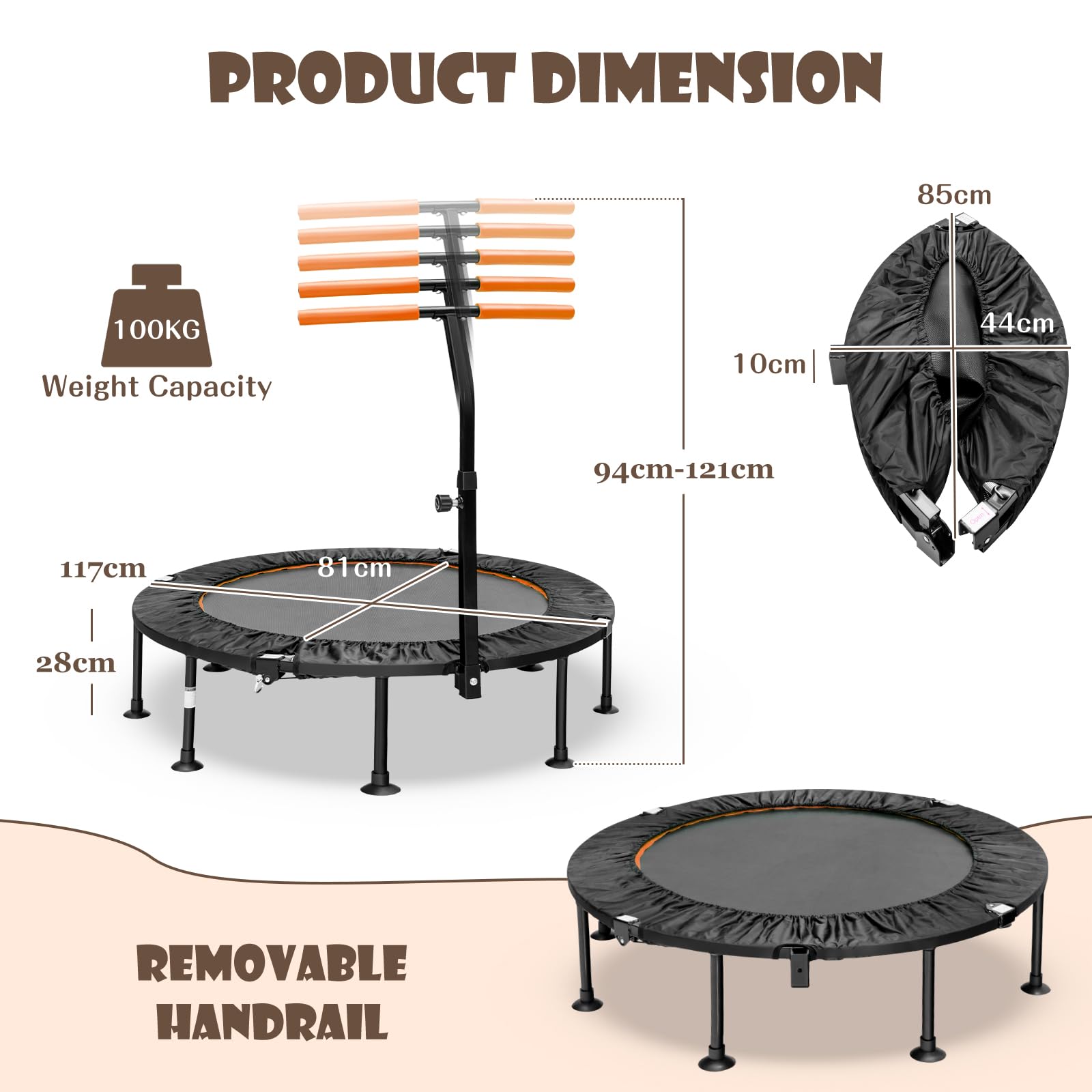 LIFEZEAL Mini składana trampolina o średnicy 110 cm, trampolina dziecięca z regulacją wysokości poręczy, fitness trampolina do treningu, maksymalna waga 100 kg