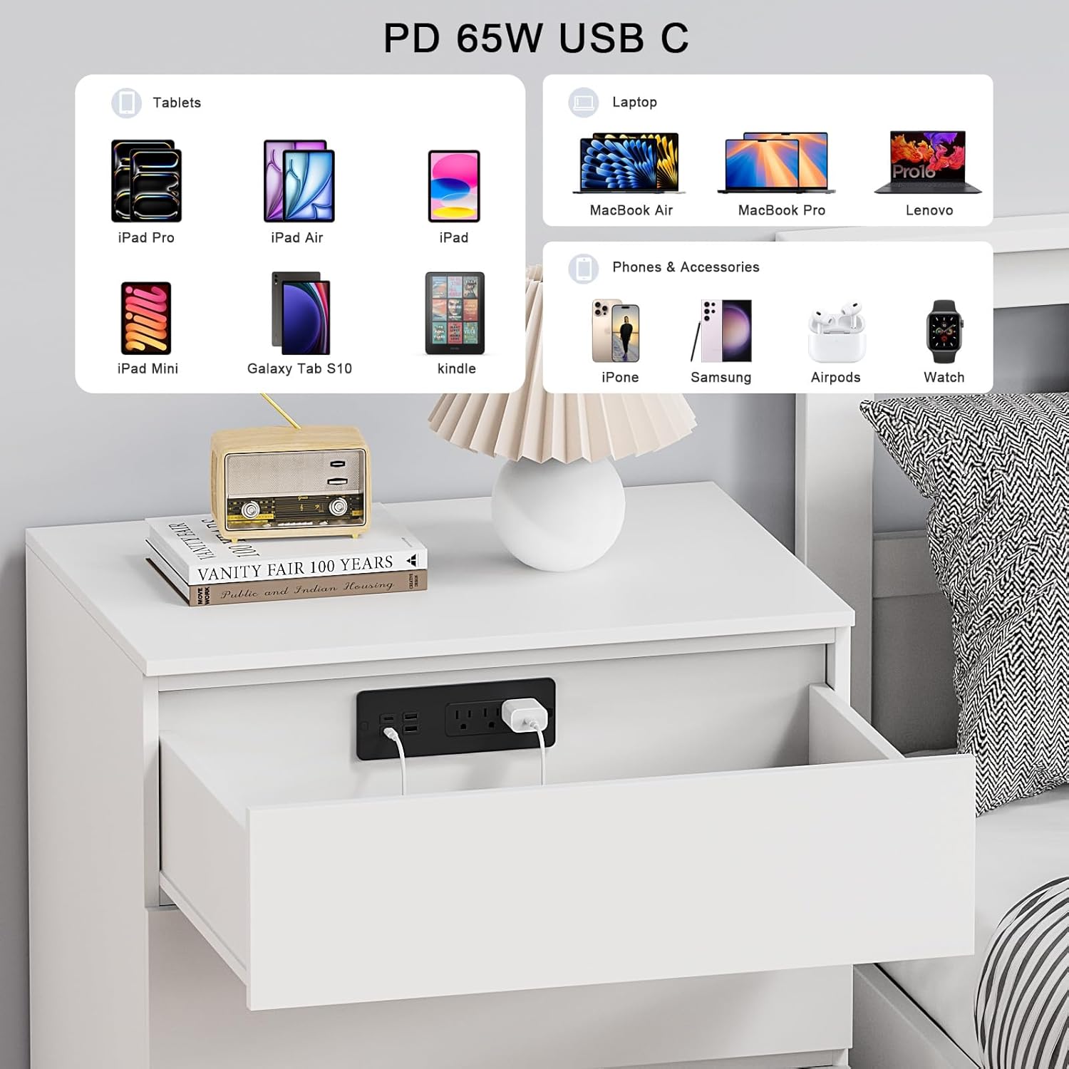 Drawer Outlet with PD 65W USB C, Recessed Power Strip with 3 Outlets 4 USB Ports, Recessed Outlet with 2M Flat Plug Cable for Side Table Sofa Table, Black