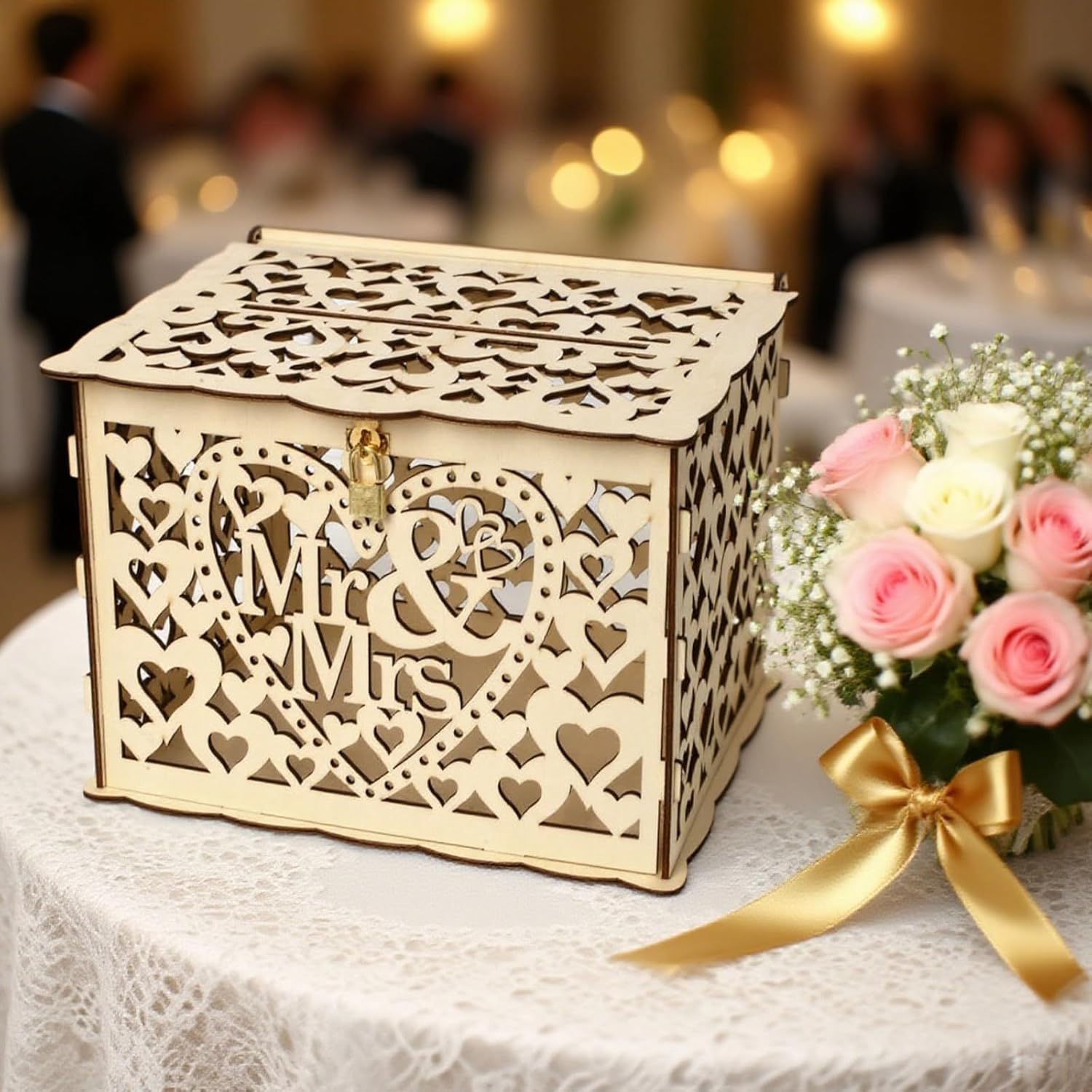 Large Mr & Mrs Wooden Card Box, Customized Sign In Holder With Lock, Heart Carved Money Keeper, Perfect For Weddings & Parties