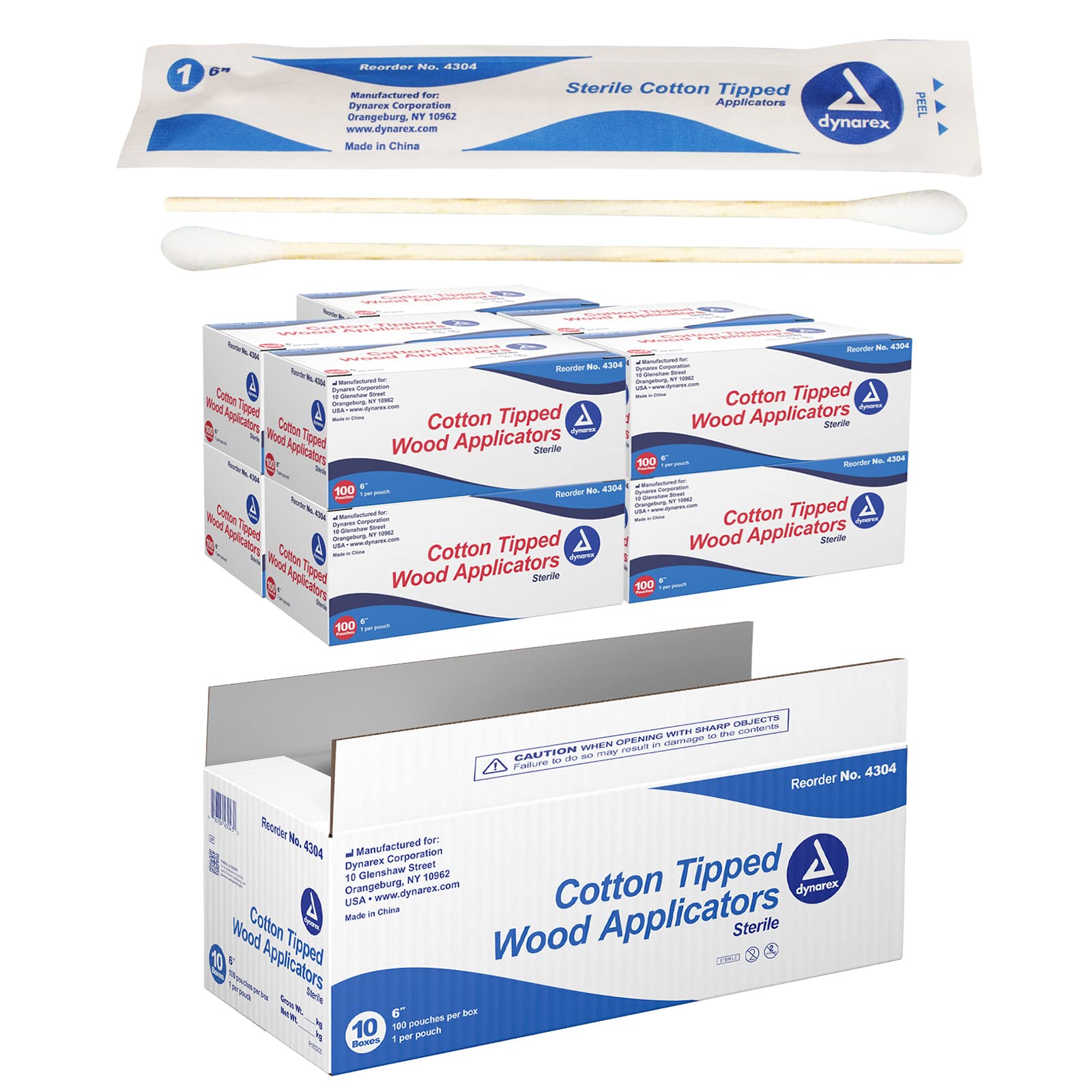 Dynarex 6-Inch Sterile Cotton Tipped Applicators - Single-Use Wooden Cotton Tip Applicators for Wound Care & Dressing, Hygiene, Makeup, Cleaning - 1 per Pouch, 100 Pouches x 10 Boxes
