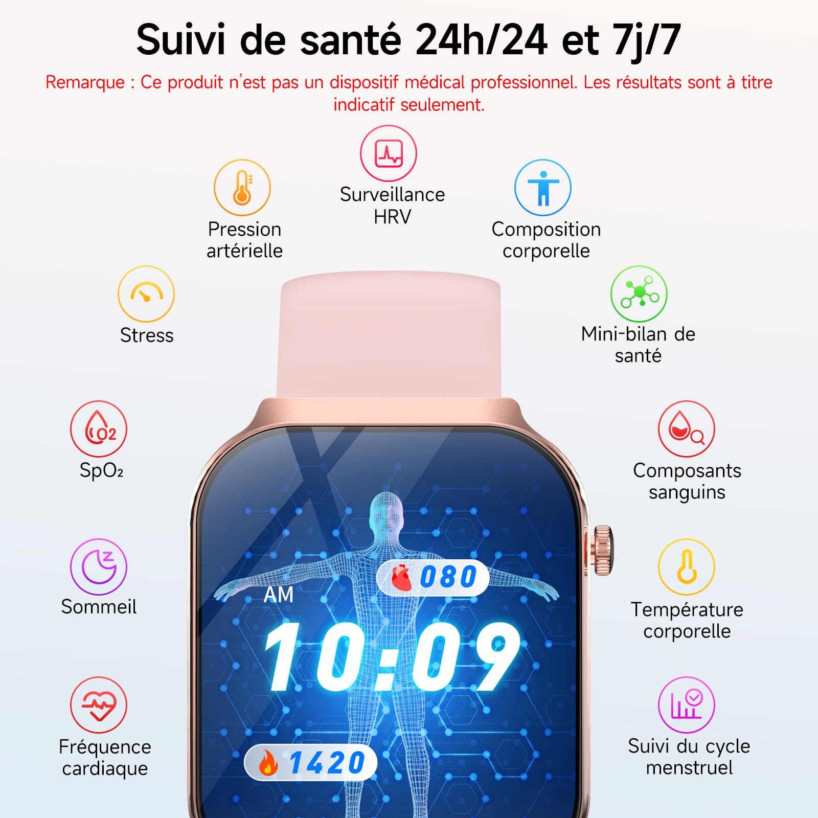 2026 Nouv’Smartwatch ave ECG/Pressιon artérιelle, IP67 pour Android/iOS | ECG/Pressιon artérιelle/Mini-bilan de santé/IMC, 2.2" 3D Écran incurvé, 24H Fréquence cardiaque/HRV/SpO2/Sommeil Monitor