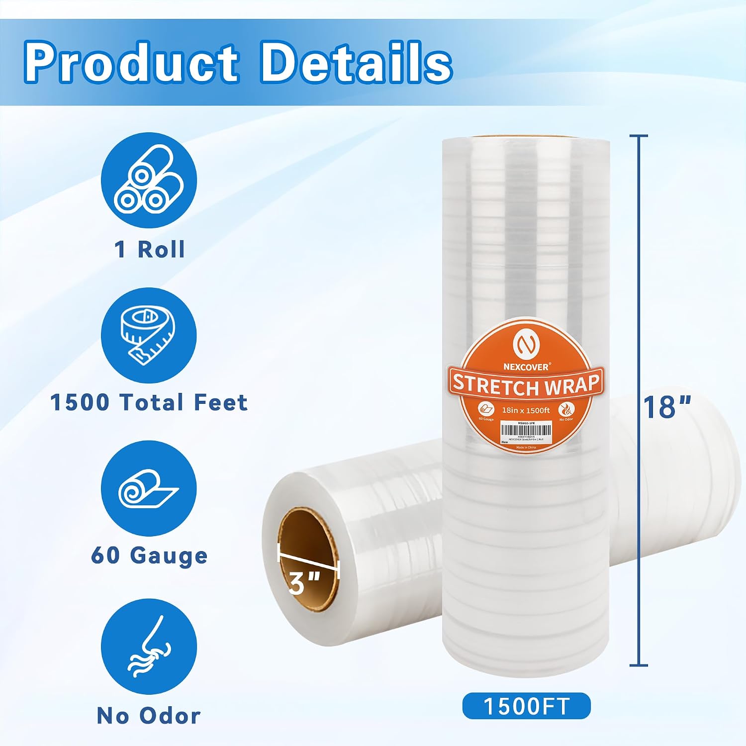 NEXCOVER 18 Inch Stretch Wrap - 1500 Feet | 60 Gauge, 1 Roll Clear Plastic Self-adhering Stretch Wrap Film for Pallet Wrap, Thick and Sturdy Packing Moving Supplies Heavy Duty Shrink Film. image 2
