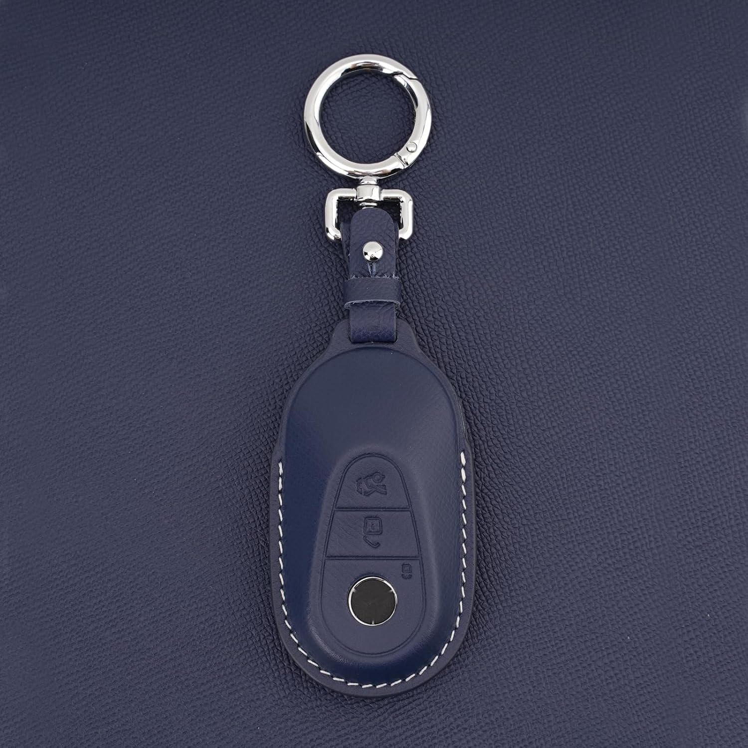 Leather Key Fob Cover with Keychain, Compatible with 2020-2022 Mercedes Benz E-Class, G-Class, and S-Class Smart Remote (Blue)