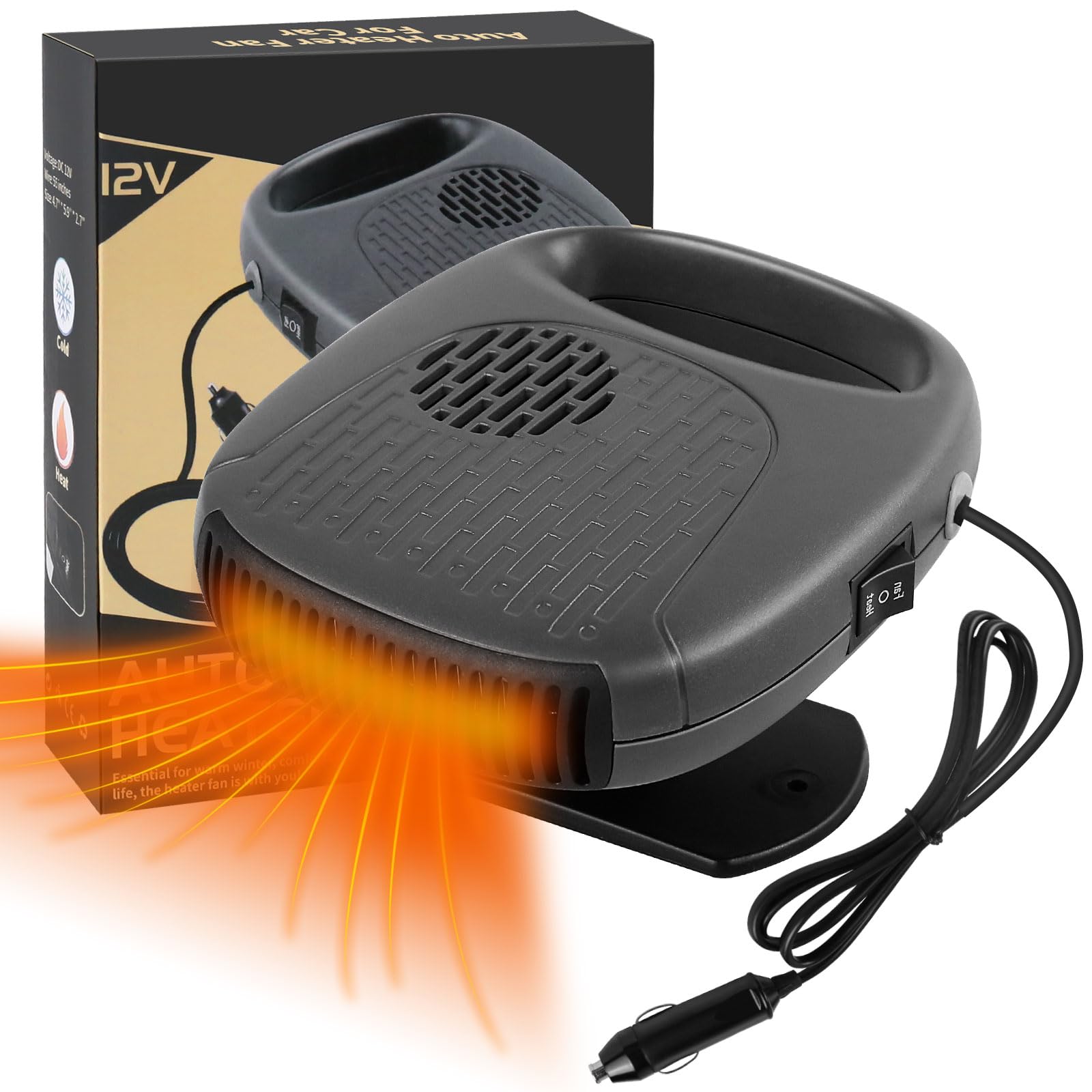 Car Heater, Fast Heating & Cooling Fan for Defrost Defogger Car Windshield, Portable Car Heaters That Plugs Cigarette Lighter, Automobile Interior heaters for Golf, Trucks, RV (Gery)