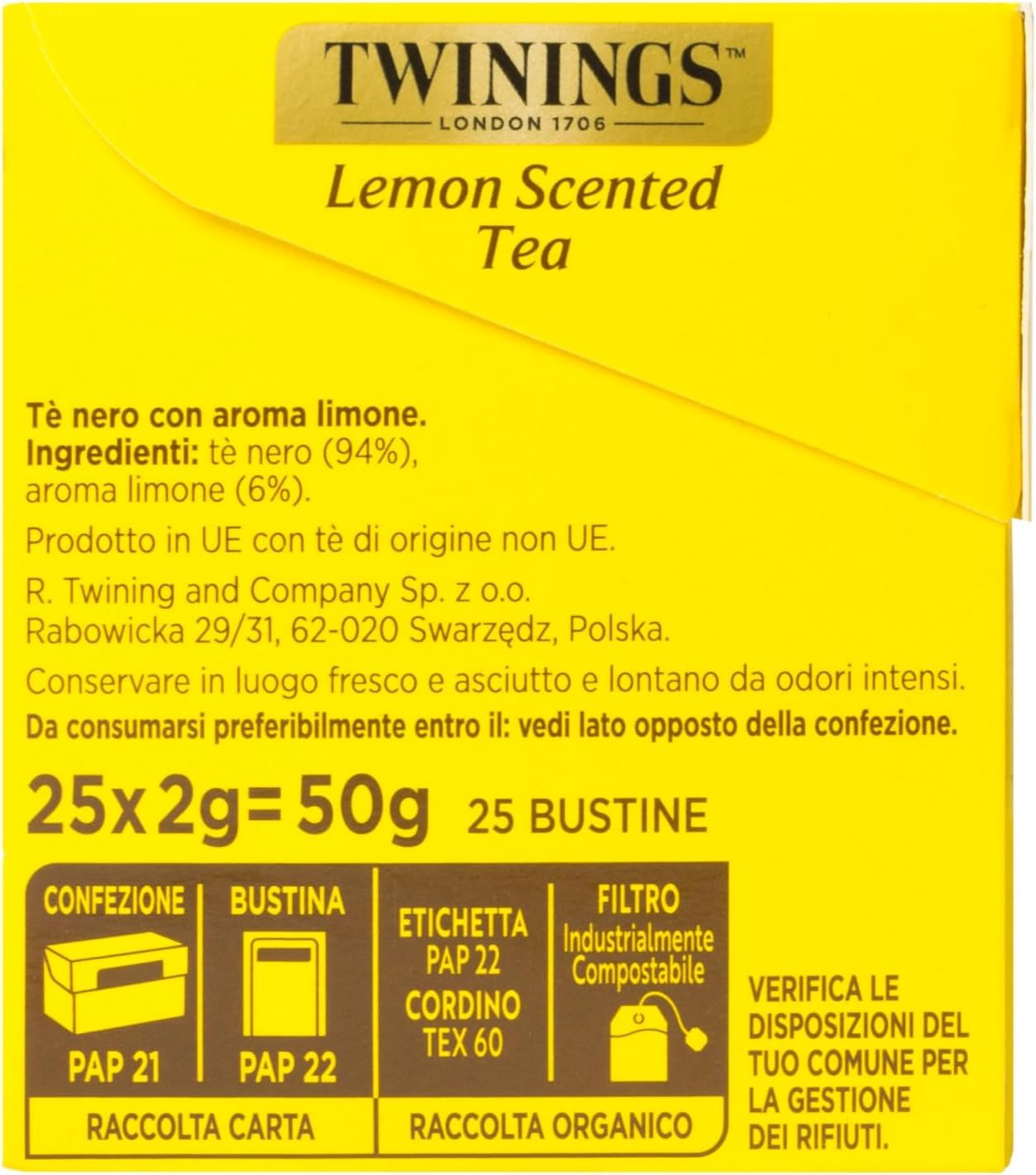 Italian Gourmet Schwarzer Tee Zitrone, 12er Pack 12 x 25 Teebeutel (50 g), Lemon Scented Tea, aromatisierter Schwarztee mit Zitronennote, einzeln verpackte Beutel + Italian Gourmet Polpa