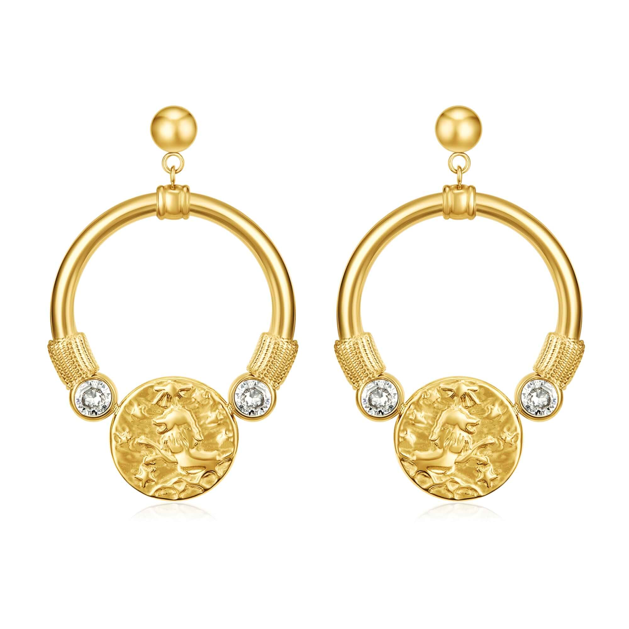 14K Gold Plated Vintage Roman Coin Drop Earrings for Women - Hammered Gold Medallion Dangle with Crystal Accents, Art Deco Statement Jewelry