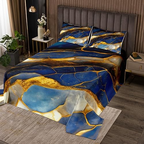 Miniatura 10 de Erosebridal Juego de ropa de cama abstracta de mármol tamaño Queen en acuarela gris marino, juego de colcha fluida de montaña, juego de edredón