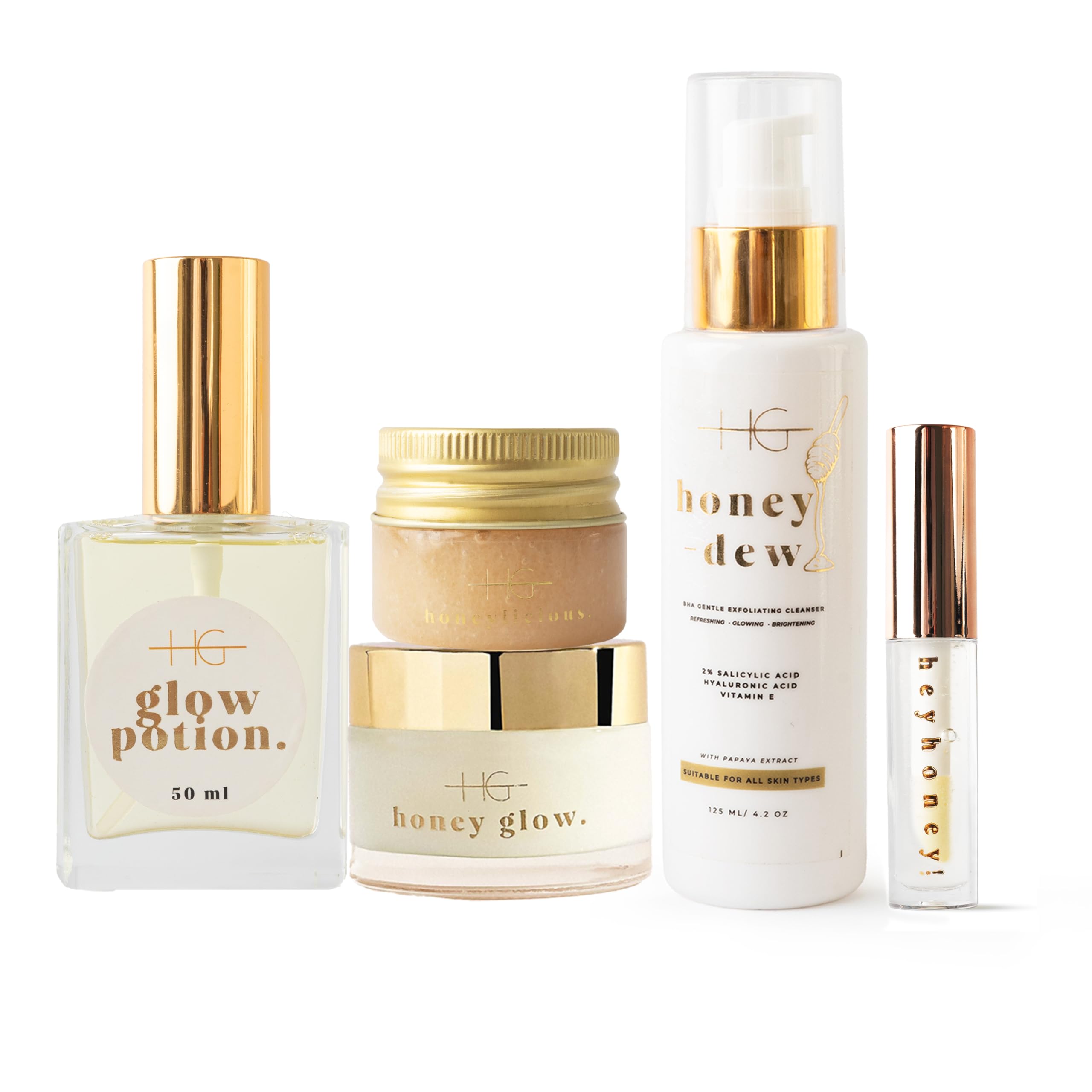 Bee-Loved Beauty Set – Glow Potion Trockenöl (50ml), HoneyGlow Feuchtigkeitsspendende Creme (50ml), Honeylicious Lip Scrub (20ml), HeyHoney! Lip Serum (10ml) & HoneyDew Reinigungsgel