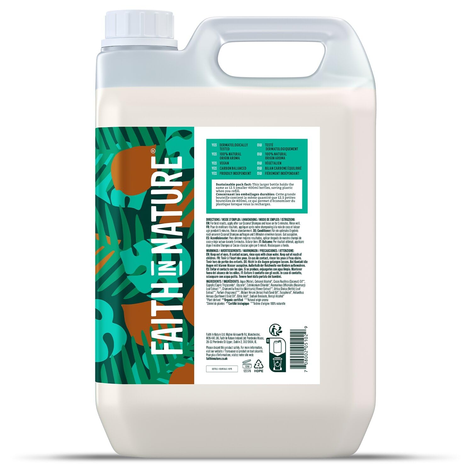 Faith In Nature Bio Kokosnuss Conditioner, Feuchtigkeitsspendend für trockenes Haar & trockene Kopfhaut, Vegan und tierversuchsfrei, Ohne SLS, Silikone oder Parabene, 5 L Nachfüllpack