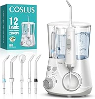 COSLUS E2 Water Flosser: 2 Modes, 12 Pressures (10-160 PSI), 5 Tips for Braces, Orthodontics, Sensitive Gums - Cordless Family Dental Irrigator, White