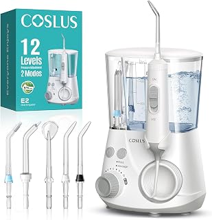 COSLUS E2 Water Flosser: 2 Modes, 12 Pressures (10-160 PSI), 5 Tips for Braces, Sensitive Gums & Family