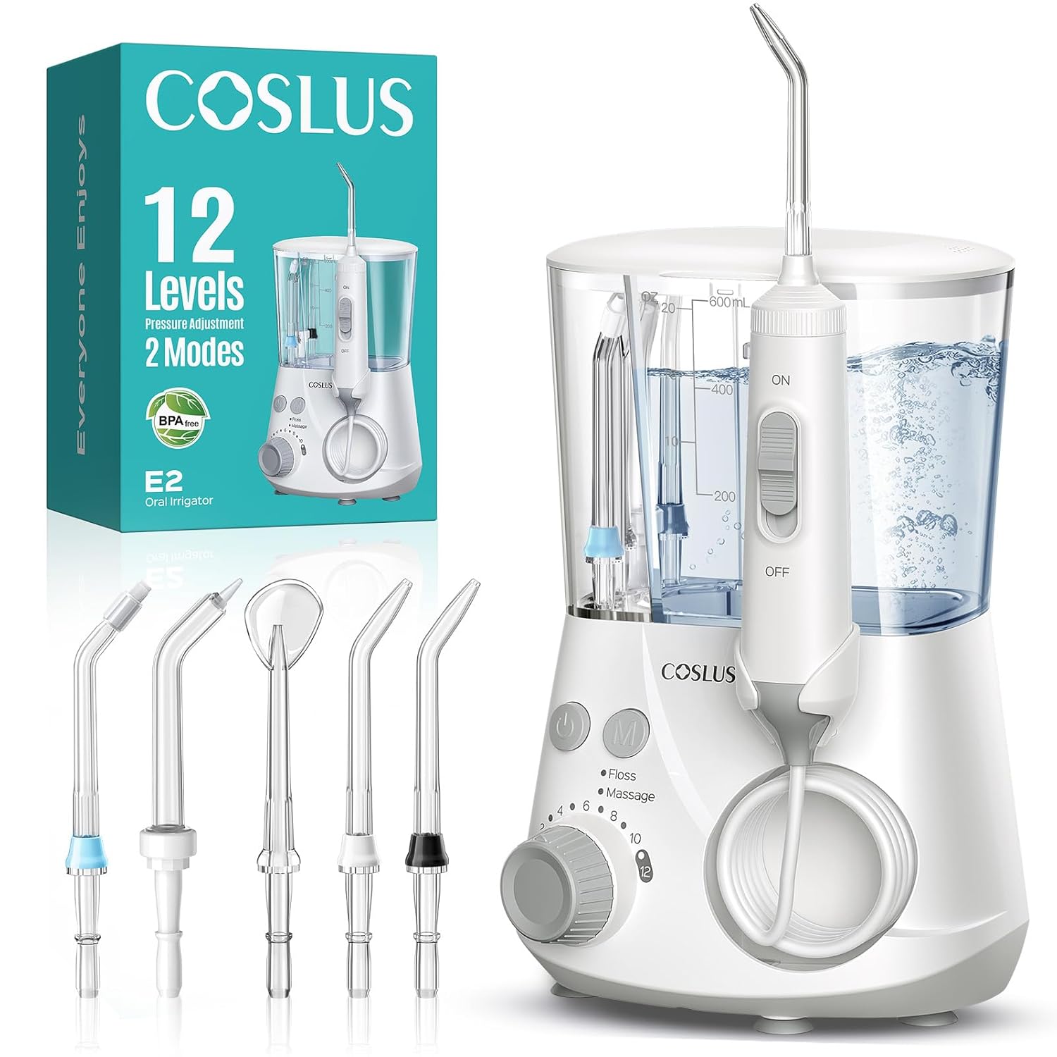 COSLUS E2 Advanced Water Flosser for Teeth 2 Modes 12 Pressure Settings Electric Dental Pick for Orthodontic Braces