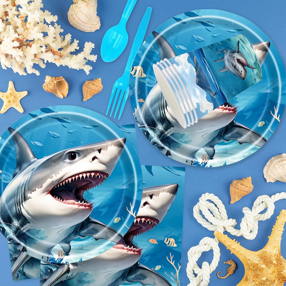 Squalo Stoviglie per Feste di Compleanno Decorazioni Animali Marini Stoviglie Set Compleanno Squali Stoviglie Forniture per Feste Bicchieri Piatti Carta Tovaglioli 24 Ospiti