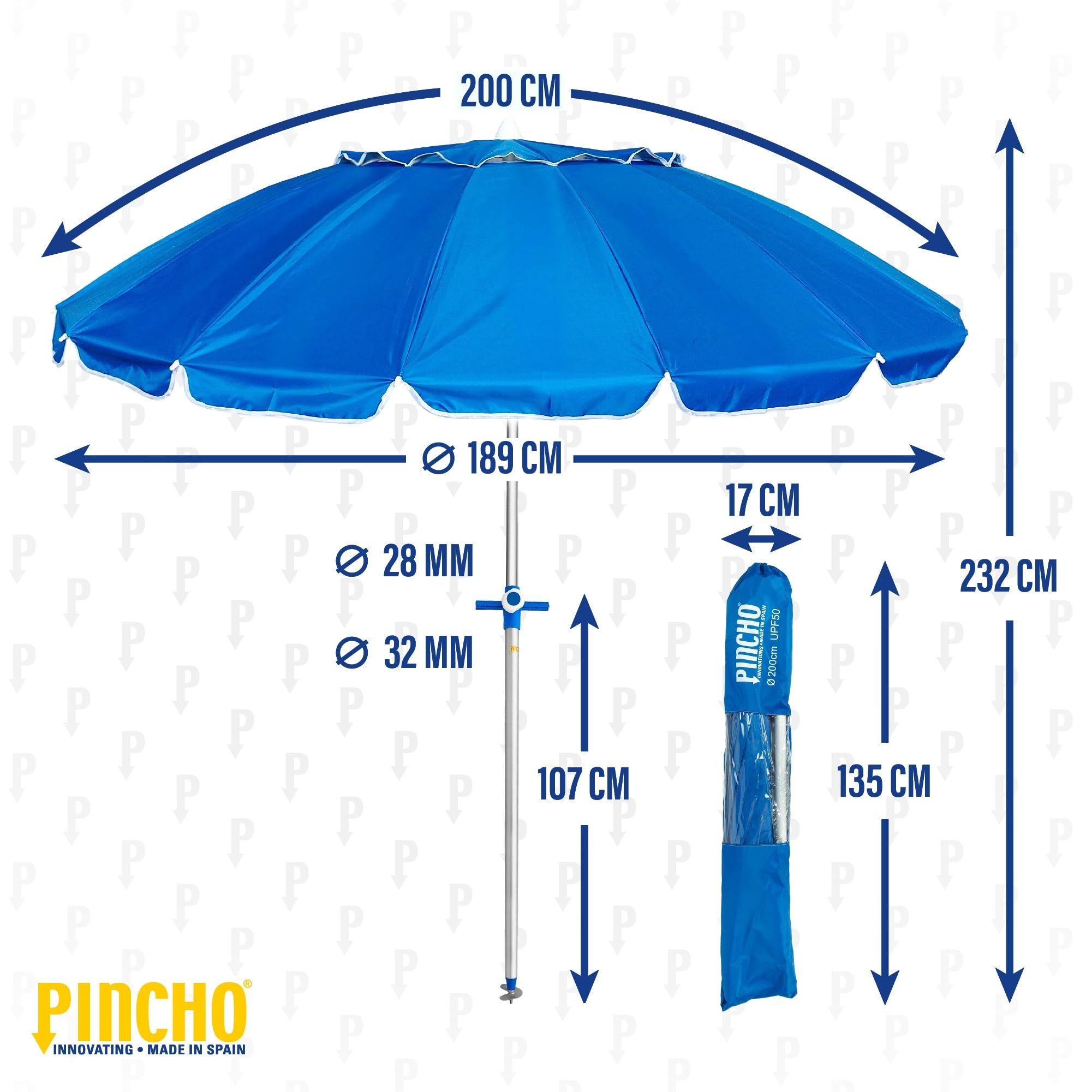 Pincho Sombrilla Playa Grande 240 Cm, Antiviento Hasta 35Km/H, Proteccion UV 50, Tubo Aluminio, 16 Varillas Fibra Vidrio, Palo Reclinable, Sombrilla Plegable Playa, Ligera, Bolsa Transporte