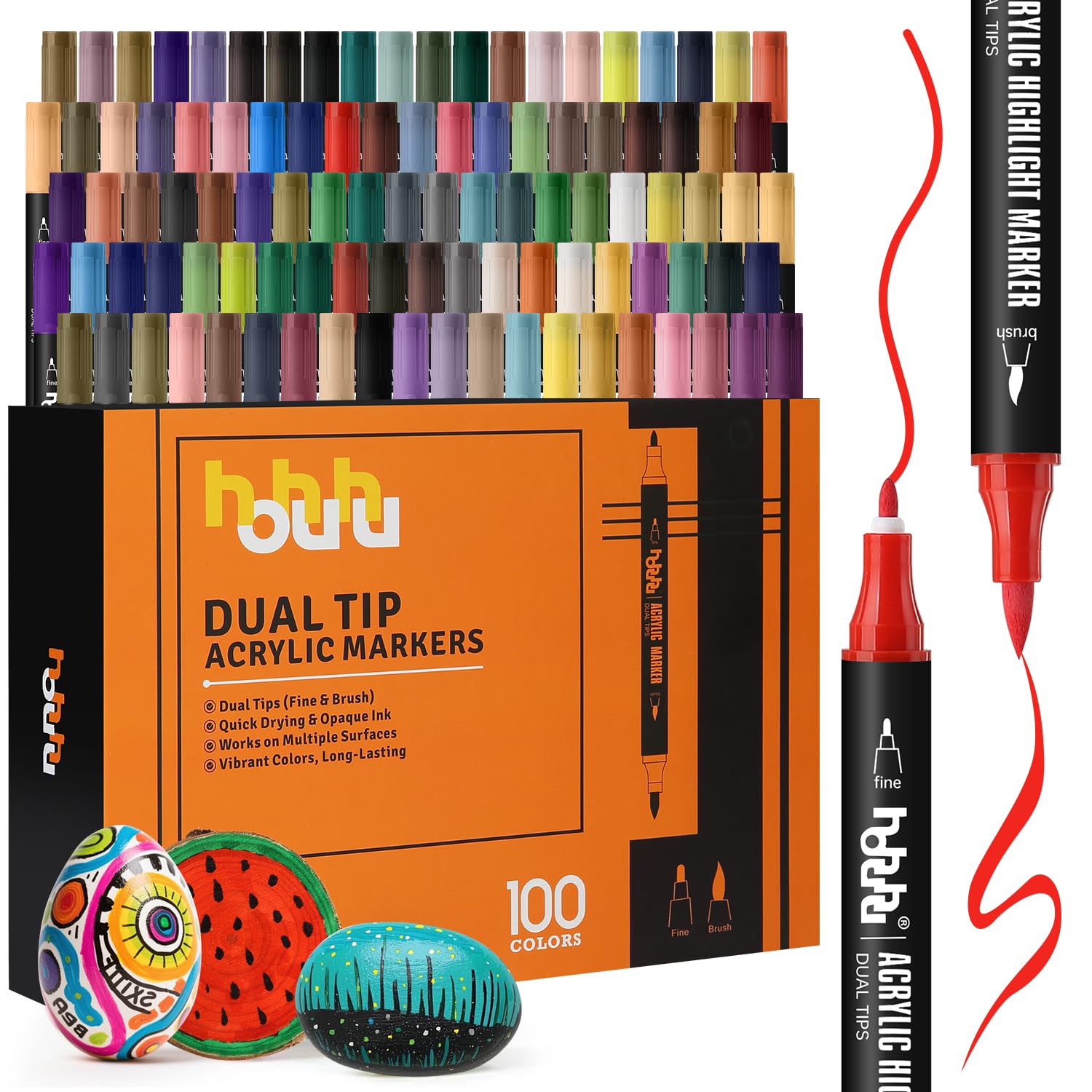 hhhouu Set di 100 Pennarelli Acrilici – Doppia Punta Fine e Tonda – Pennarelli Permanenti per Pietra, Legno, Vetro, Ceramica, Tela, Metallo, DIY e Scrapbooking HO-AM100