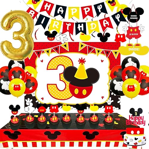 Suministros de fiesta de cumpleaños de Mickey para 3er cumpleaños, decoración de fiesta de Mickey que incluye remolinos colgantes, letrero de