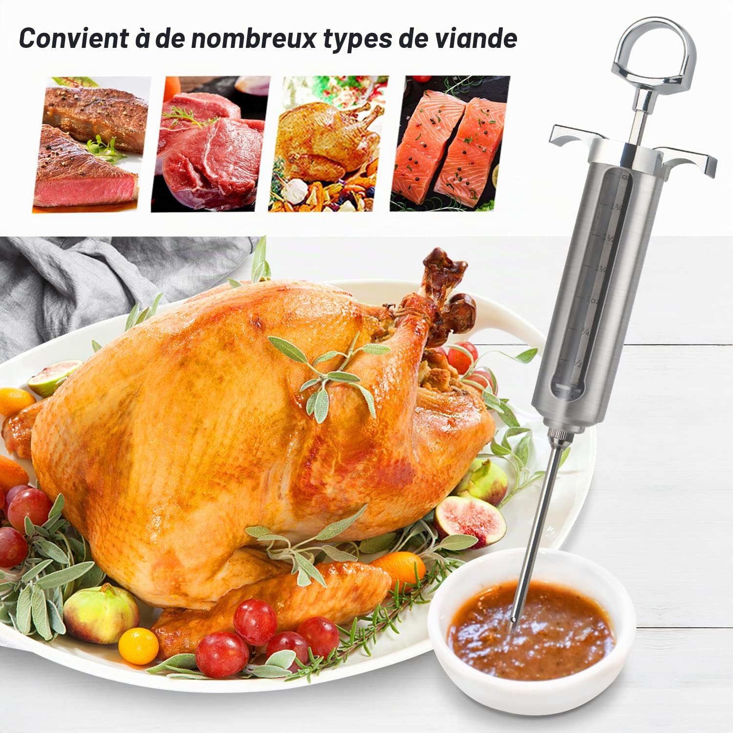 Ofargo Seringue alimentaire, injecteur de marinade avec 3 Aiguilles, seringue viande pour Boeuf, Poulet, pâtisseries, BBQ; seringue à marinade capacité de 60 ml/2 oz