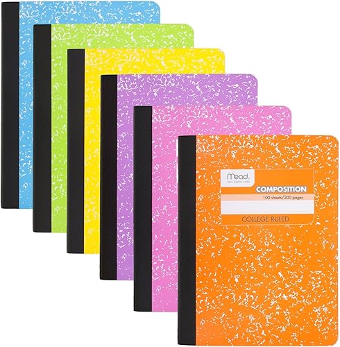 Mead Cuaderno de composición, paquete de 6, papel rayado universitario, 7-12 x 9-34 pulgadas, 100 hojas por libro de compensación, colores surtidos