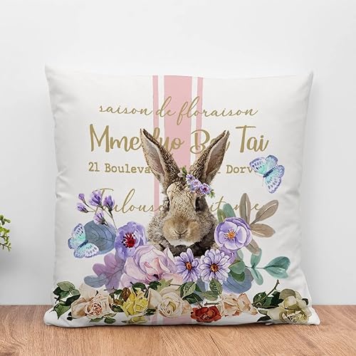 Almohada de sofá estilo francés vintage con diseño de rayas rosadas, corona de flores de rosa, almohada de conejo de Pascua, decoración de Pascua,
