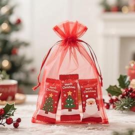 G2PLUS Red Organza Bags, 100PCS Red Organza Gift Bags 4x6, Sheer Mesh Drawstring Bag, Jewelry Pouches, Small Tulle Candy Bag for Christmas, Wedding Party Favors
