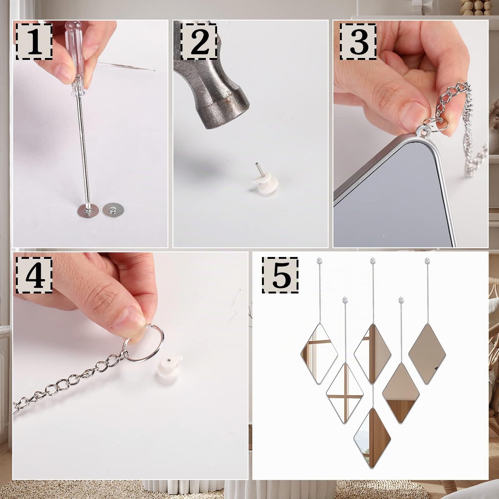 Namalu Set di 6 Decorazioni da Parete a Specchio con 2 Cacciaviti Specchi da Muro a Forma di Diamante con Catena Specchi Decorativi con Cornice in Argento da Appendere per Casa, 10,8 x 6,7 Pollici