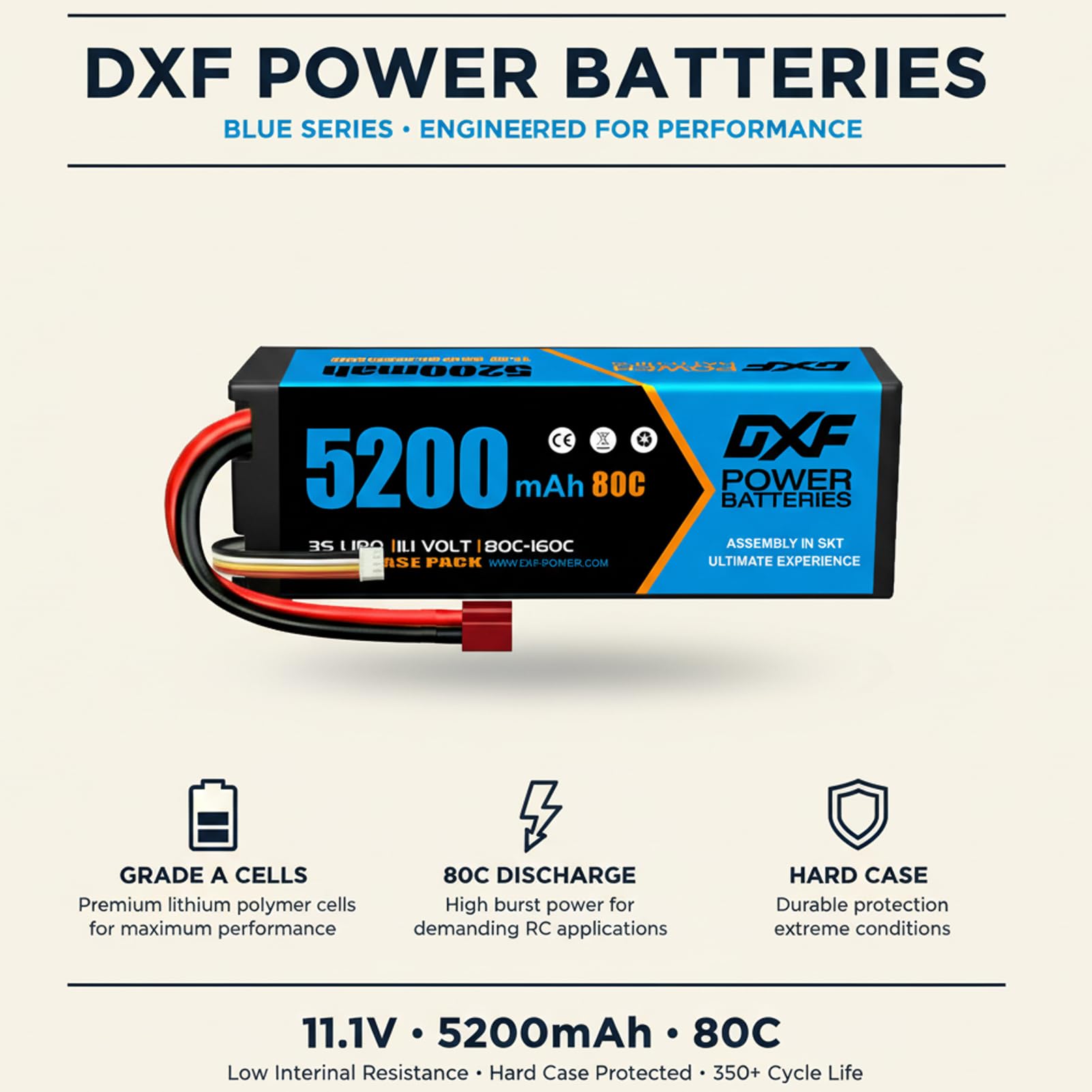 DXF Batteria LiPo 3S di alta qualità, 5200 mAh, 11,1 V, 80 C, per auto RC, barca, camion, modelli da corsa, confezione da 2