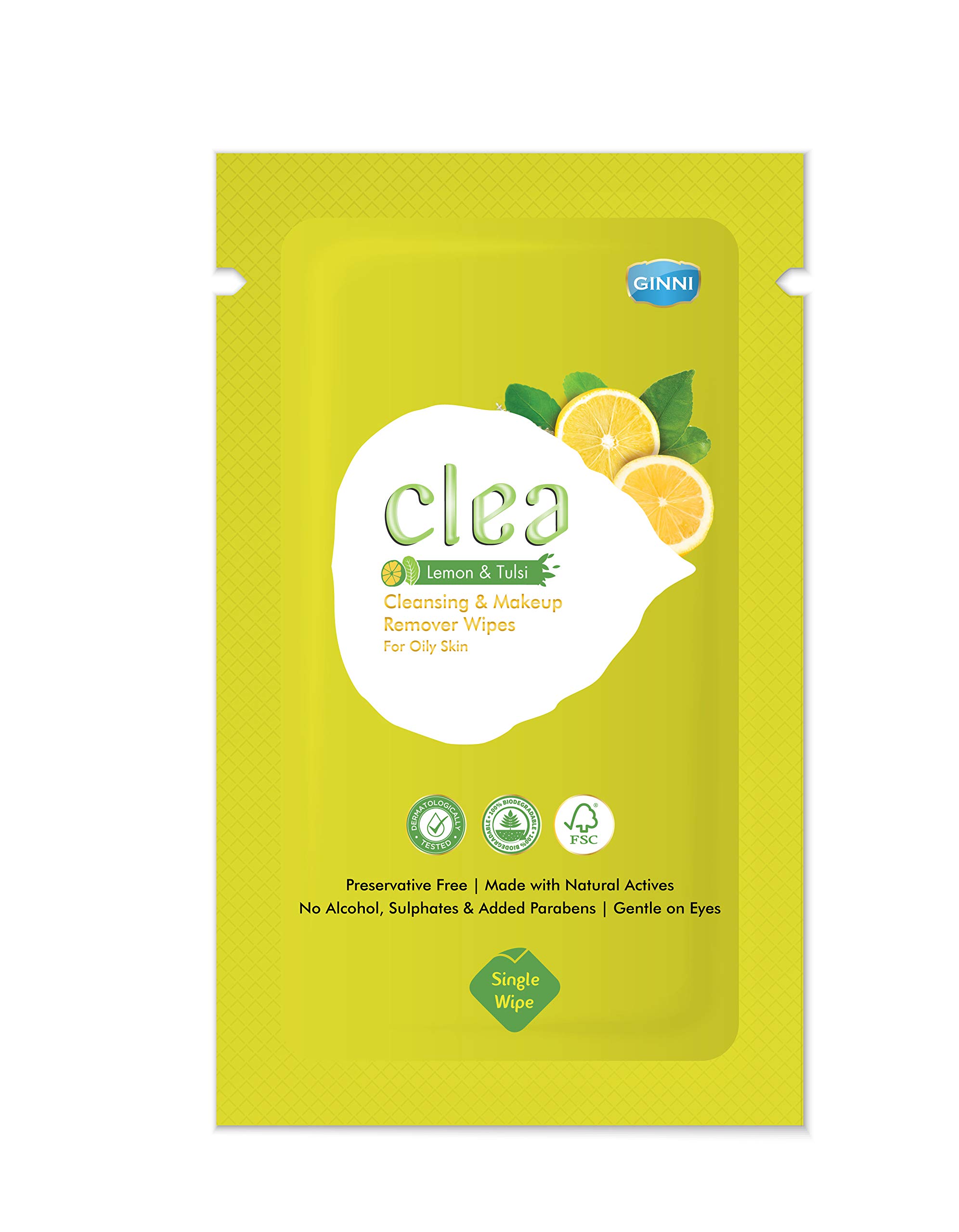 Clea Lemon & Tulsi Cleansing Makeup Remover Wet Wipes for Oily Skin - Removes Excess Oil, Moisturizes, Prevents Acne, Hydrates Skin - Pack of 5 (10 Wipes Each, Wipe Size :- 150mm x 140mm) 1