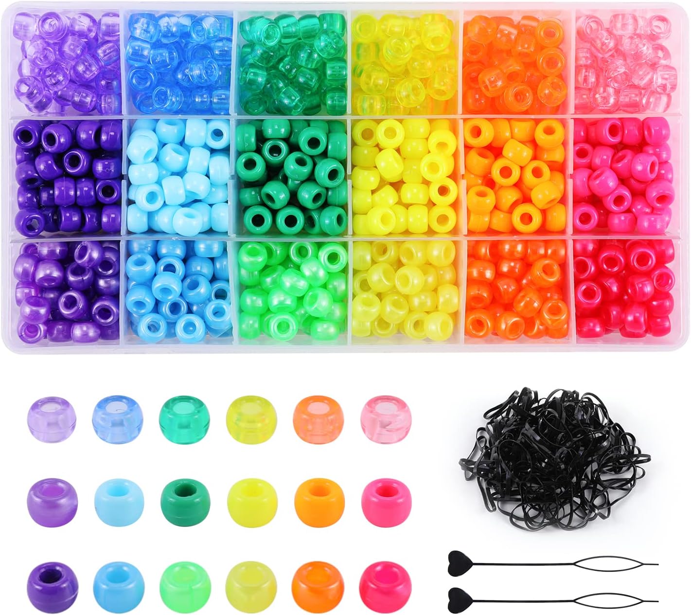 18 Color 9 mm Hair Beads for Hair Braids, Rainbow Pony Beads Kit for Jewelry Making Kandi Beads for Bracelets Making with Hair Beader and Rubber Band for Gift