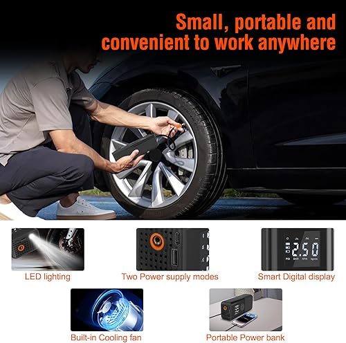 Miniatura 8 de Mini Portable Air Compressor 150 PSI Rechargeable Electric Air Pump DC12V Tire Inflator with Digital Display LED Light USB Charging for Car