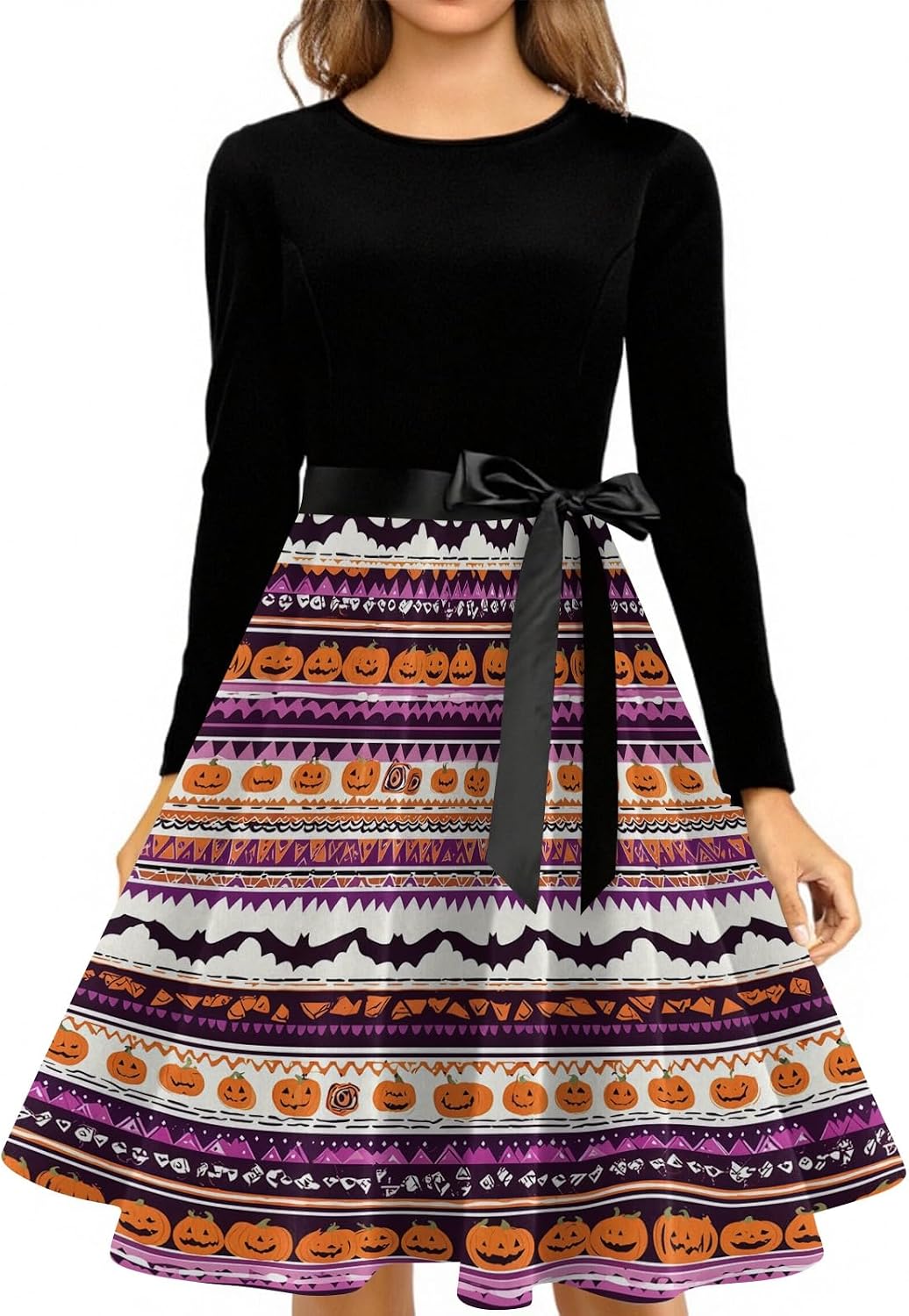 Women Halloween Dress 2025 Long Sleeve Round Neck Printed A Line Midi