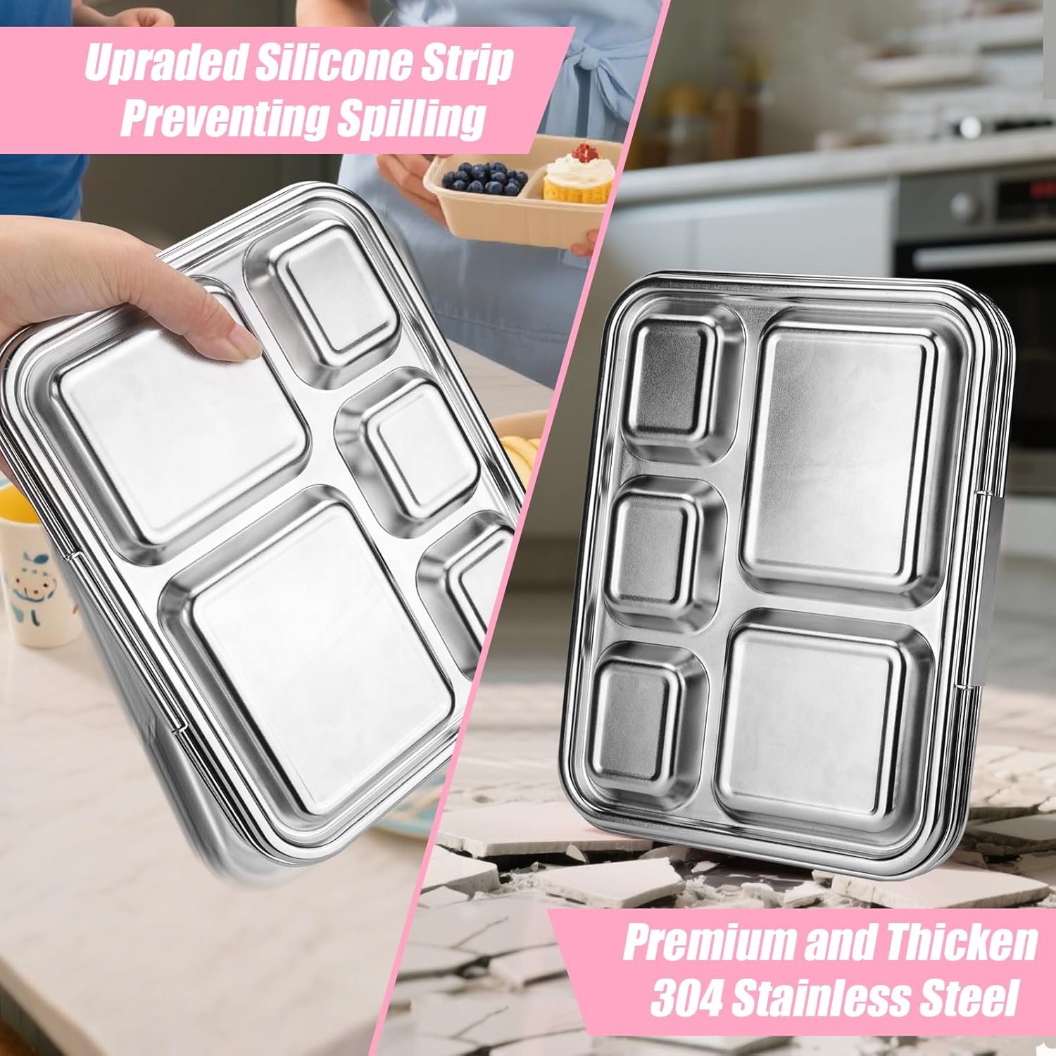 Palksky Lunch Bento Box Stainless Steel, Metal Bento Boxes for Kids Leak-Proof, 5 Compartments Lunchable Food Storage Containers with Lid for School, Office, Travel - Pink - Image 7