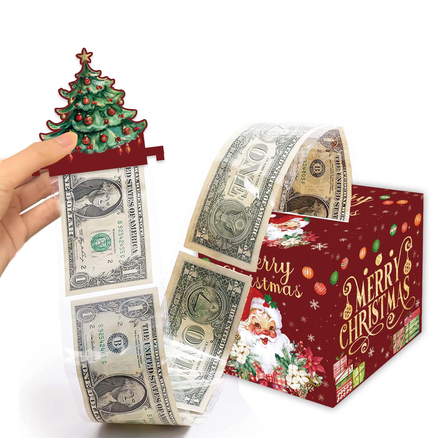 Christmas Money Box for Cash Gift Pull - Red and Gold Merry Christmas Surprise Money Holder Cash Gift and 30Pcs Transparent Bags for Kids Adults Women Men Girls Boys Christmas Decoration Gift
